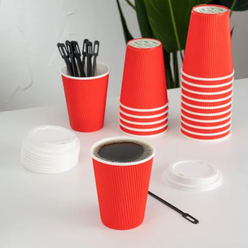 Vista 8 de Tazas para café de papel aislado, pared ondulada, kraft, 12 onzas - Caja de 25 unidades - tapas a juego: RWA0360B, RWA0360W, RWA0328LG, RWA0328GR