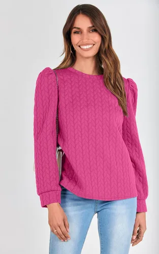 Vista 4 de PRETTYGARDEN Sudaderas de manga abullonada para mujer, para otoño, casual, cuello redondo, textura torcida sólida, sin botones