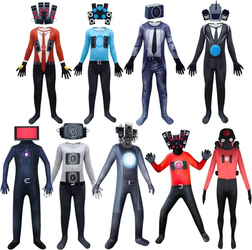 Vista 5 de Yvxzon Disfraz de camarógrafo de orador para cosplay, fiesta de Halloween, body con gorro, traje de juego de dibujos animados para niños