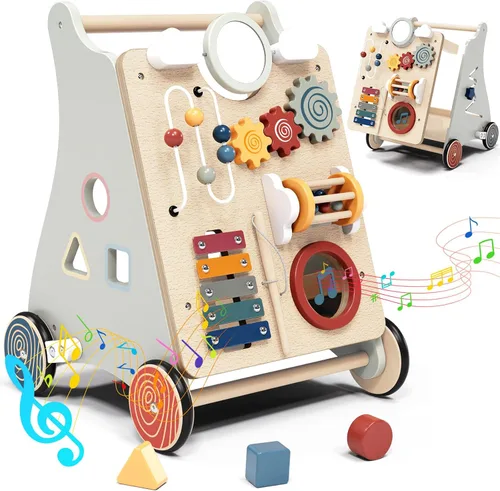 Vista 8 de 3 in 1 Wooden Baby Push Walker, Montessori Push Walker for Babies 12 Months Andador de bebé con centro de actividades, velocidad ajustable, sentarse