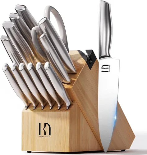 Vista 12 de Juego de 14 piezas de cuchillos de cocina KnifeSaga de acero inoxidable de alto carbono japonés de primera calidad con afilador incorporado, juego