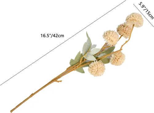 Vista 2 de Mandy's 6 tallos de seda beige Kiku flores de bola Tallos artificiales de crisantemo para decoración del hogar, verano, arreglo floral sintético