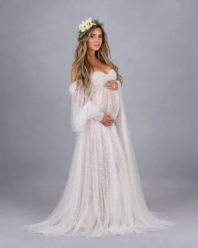 Vista 9 de yinyyinhs Vestido de maternidad de tul con perlas para sesión de fotos, manga larga hinchada, hombros descubiertos, vestido de maternidad para baby