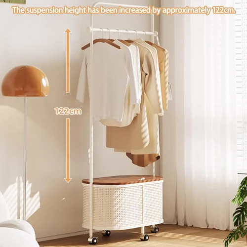 Vista 5 de Perchero giratorio de 360°, perchero de metal para ropa, con ruedas y cesta de almacenamiento de gran capacidad, perchero para colgar ropa