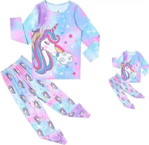 Vista 8 de QPANCY Conjunto de pijamas a juego para niñas y muñecas, pijamas de manga larga para otoño e invierno