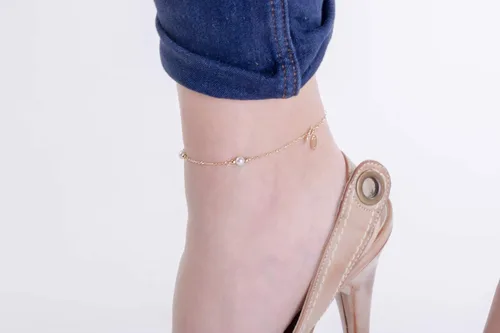 Vista 8 de Tobillera delicada para mujer con perlas naturales, tobillera de perlas en oro macizo 9K, 14K y 18K, pulsera de pie para mujer