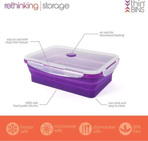 Vista 6 de Kitchen Home Thin Bins - Juego de 2 recipientes rectangulares extragrandes de silicona para almacenamiento de alimentos, sin BPA, aptos