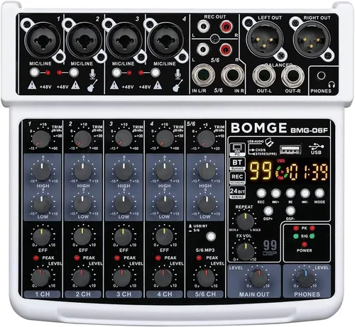 Vista 9 de BOMGE Consola mezcladora de sonido mini DJ Audio de 6 canales con interfaz USB, Bluetooth, grabación estéreo, alimentación fantasma de 48V, 99