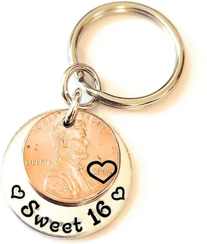 Vista 5 de Tucker's Trinkets And Treasures Llavero con texto en inglés «Sweet 16», «Happy 16th Birthday», «Sweet 16», «Lucky Copper 2009» (Año del nacimiento)