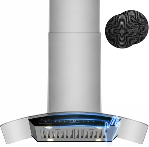 Vista 11 de BRANO - Campana extractora Island de 30 pulgadas con 900 CFM, 4 velocidades, control de voz/gestos/táctil, convertible con conductos/sin conductos