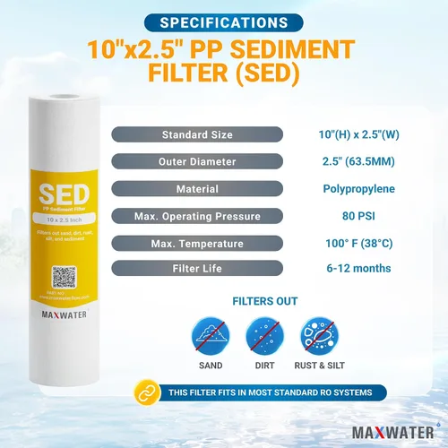 Vista 2 de Max Water Cartucho de filtro de agua de sedimentos de repuesto de 10 x 2.5 pulgadas para toda la casa, fibra de filtración soplada por fusión