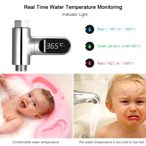 Vista 3 de Termómetro de ducha, pantalla digital LED de 0 ~ 212.0 °F termómetro de agua para baño de bebé Celsius/Fahrenheit, pantalla giratoria de 360°