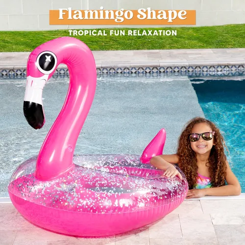 Vista 8 de JOYIN Flotadores inflables de flamenco para piscina, tubo de natación con purpurina para adultos y niños, divertida balsa flotante para playa, lago