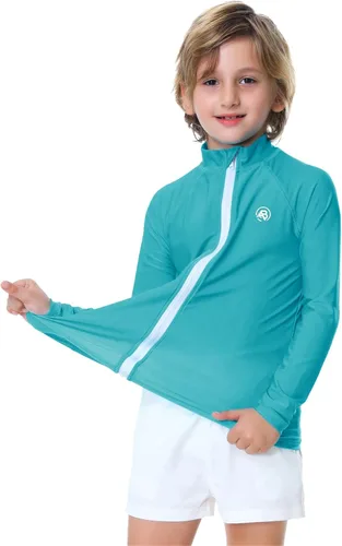 Vista 6 de AOBUTE Camiseta unisex con cremallera para niños, protección UV UPF 50+, con agujero para el pulgar, de 3 a 12 años