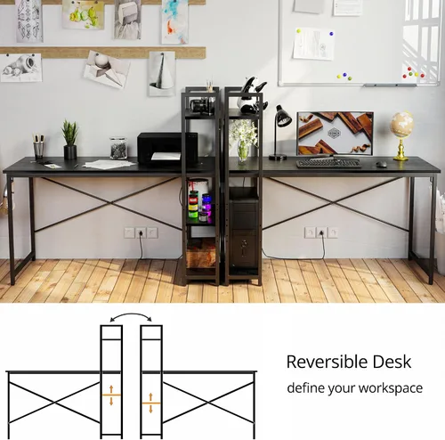 Vista 4 de Escritorio IRONCK para computadora de 47 pulgadas con toma de corriente y estantes de almacenamiento, mesa de estudio con estación de carga