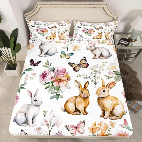 Vista 2 de Erosebridal Juego de sábanas de conejo de Pascua, tamaño individual, juego de sábanas de flores de primavera para niñas, mujeres, niños