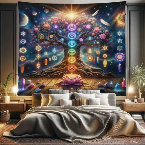 Vista 65 de Ambesonne Tapiz hippie, abrazo de hongos de ensueño y árbol de la vida místico y mandal verde, decoración de tela para colgar en la pared