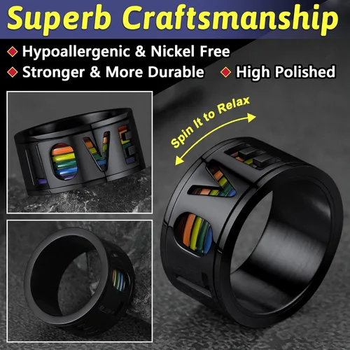 Vista 12 de FaithHeart Anillos para ansiedad LGBT Pride Rainbow, acero inoxidable/chapado en oro de 18 quilates, joyería de amor es amor para hombres y mujeres