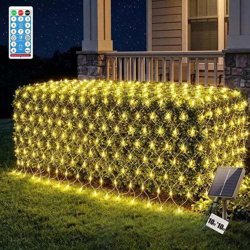 Vista 11 de LitHome Red solar de 11.5 x 5 pies, impermeable, 240 luces LED solares y USB, control remoto, 8 modos de luz de malla para arbustos, jardín, césped