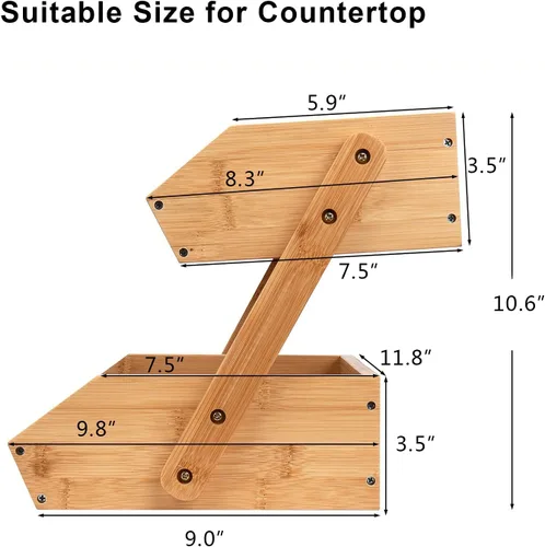 Vista 3 de Cesta de frutas de 2 niveles para cocina, soporte de bambú para almacenamiento de frutas y verduras para encimera de cocina, cesta de productos