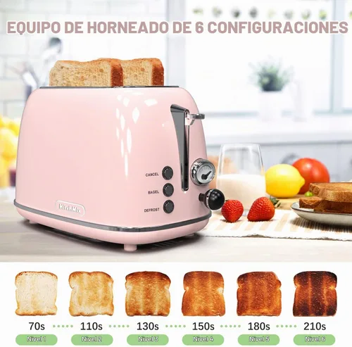 Vista 3 de Tostadora de 2 rebanadas, tostadora retro de acero inoxidable con 6 ajustes, ranuras extra anchas de 1.5 pulgadas, función de Rosa bebé