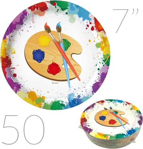 Vista 4 de Oojami 100 platos de papel, cena de 50 a 9 pulgadas, postre de 50 a 7 pulgadas, tema de artista de arte
