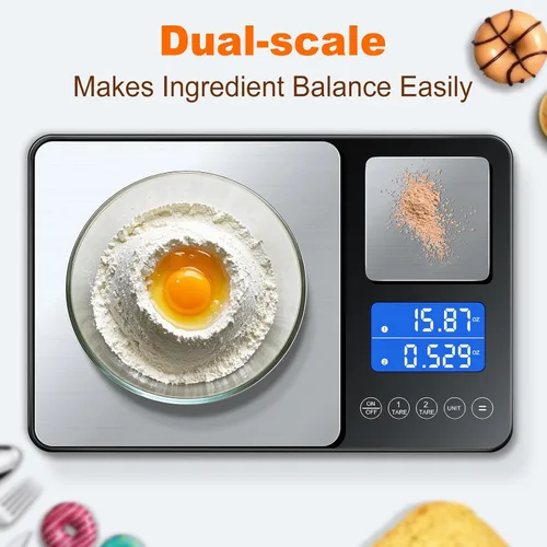 Vista 10 de KUAIVO Báscula de cocina de doble plataforma de 0.001 oz/33 libras, peso digital, gramos y onzas, báscula de cocina de dos precisiones para pan