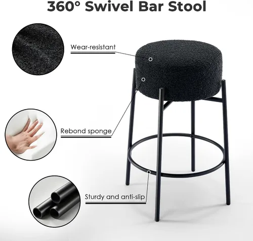 Vista 4 de Juego de 2 taburetes de bar modernos de altura de mostrador, taburetes de bar giratorios negros Boucle para isla de cocina, cómodas sillas tapizadas