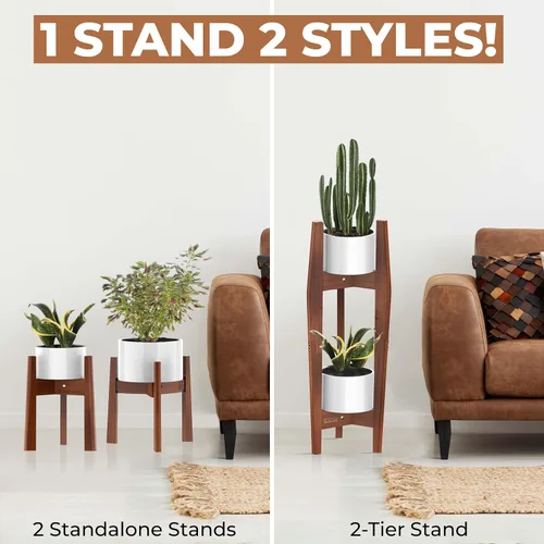 Vista 2 de Rocca - Soporte ajustable de 2 niveles de ancho de 8" a 12" apilable de bambú para plantas altas de interior, soporte de esquina de madera