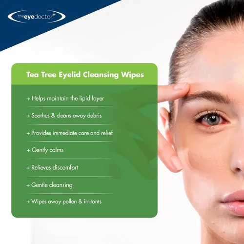 Vista 4 de The Eye Doctor Toallitas para párpados de aceite de árbol de té, 20 toallitas de limpieza de ojos de un solo uso para el cuidado diario de la tapa