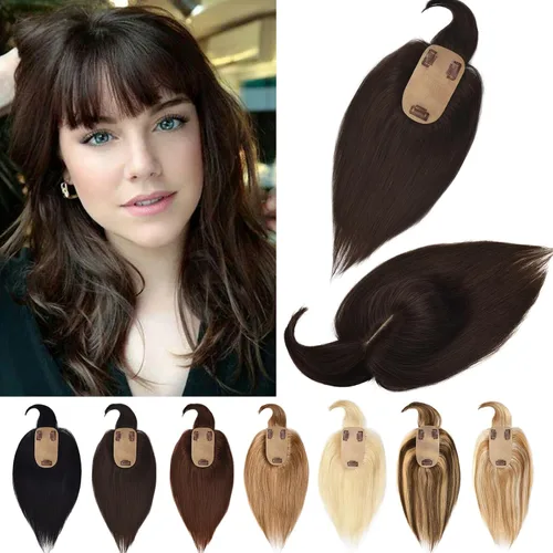 Vista 21 de Toppers de cabello humano real para mujeres con cabello delgado, 6 pulgadas, marrón oscuro