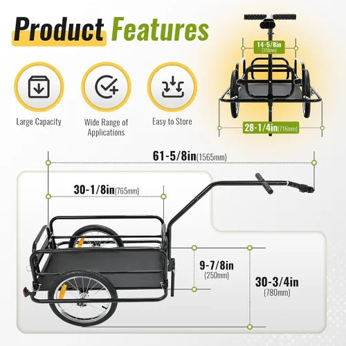 Vista 4 de Kojem Remolque de carga plegable para bicicleta, remolque de bicicleta de almacenamiento resistente, capacidad de 110 libras, carrito de bicicleta