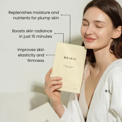 Vista 2 de BEIGIC Máscara hidratante luminosa en láminas, paquete de mascarilla hidratante y reafirmante vegana con péptidos, vitamina C y niacinamida