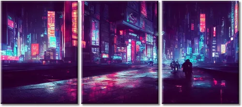 Vista 94 de Arte de pared de 3 piezas de escena de ciencia ficción de la calle comercial futurista paisaje urbano, decoración de pared para dormitorio