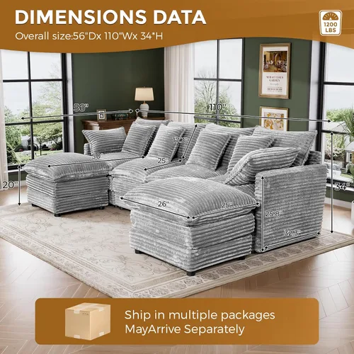 Vista 2 de Sofá de nube de 110 pulgadas en forma de U de gran tamaño gris claro para sala de estar, sofá modular modular con otomana y doble Coushion
