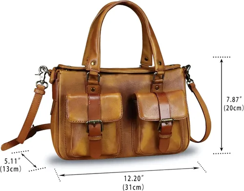 Vista 4 de Bolso de cuero genuino para mujer, estilo retro, hecho a mano, con asa superior, bolso de hombro, bolso cruzado de diseñador