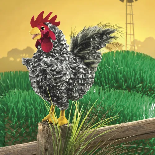 Vista 4 de Folkmanis Barred Rock Rooster - Marioneta de mano, negro, blanco, rojo, amarillo