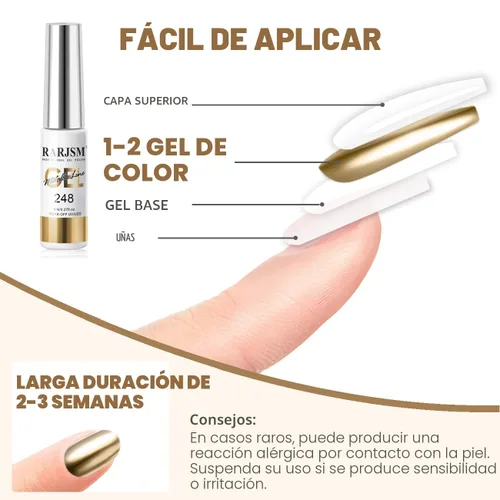 Vista 7 de RARJSM Esmalte de uñas en gel metálico para arte de uñas, 3D efecto espejo, gel de uñas con brillo metálico, 8 ml, pincel fino incorporado, pintura