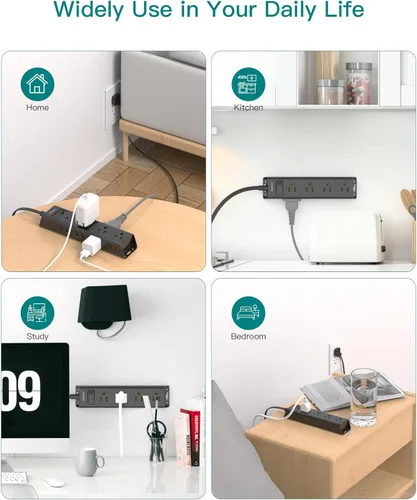 Vista 6 de Cable de extensión de pared plano - Regleta protectora de sobretensiones con 12 tomas, 5 pies, extensor de salida con múltiples tomas, montaje