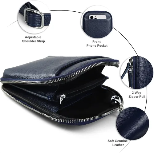 Vista 5 de befen Bolso cruzado de cuero genuino para teléfono celular para mujer, bolso cruzado pequeño con cremallera alrededor de la cartera