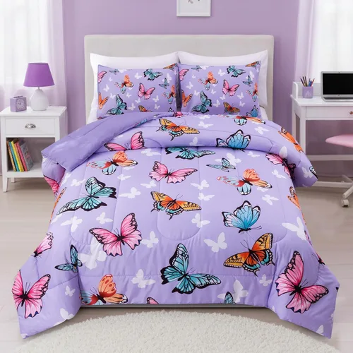 Vista 14 de Btargot Juego de edredón de 3 piezas con diseño de mariposas para niños, juego de cama con estampado de flores coloridas para mujeres y niñas
