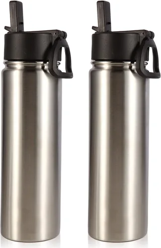 Vista 21 de Volhoply Botellas de agua aisladas de 22 onzas con tapa con popote, botella deportiva de acero inoxidable con asa, vasos de agua de viaje de metal