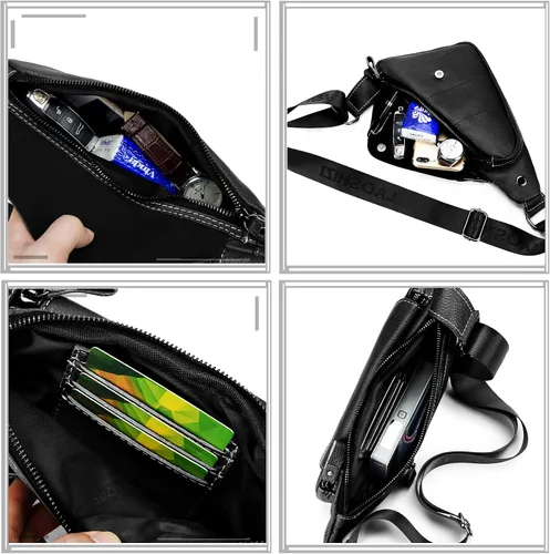 Vista 4 de pundarika Bolso bandolera de cuero genuino para hombres y mujeres, mochila cruzada casual, bolsa de hombro pequeña, bolsa de pecho