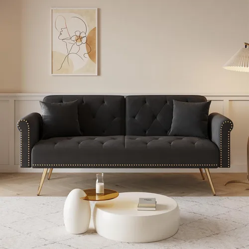 Vista 11 de Sofá cama tapizado de terciopelo, sofá cama convertible con dos almohadas para sala de estar, dormitorio, oficina en casa (beige)