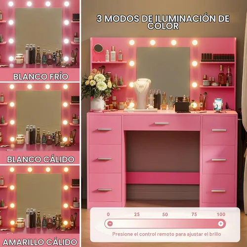 Vista 4 de VICTONE Escritorio de tocador con espejo iluminado LED y toma de corriente, 3 modelos de luces, mesa de tocador de maquillaje con 7 cajones y 6