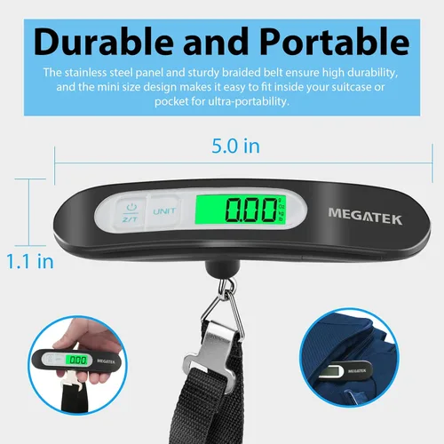 Vista 7 de MEGATEK Báscula digital portátil para equipaje, báscula de pesaje de maleta de viaje de mano con panel de acero inoxidable, pantalla LCD
