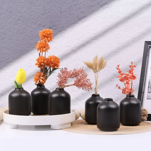 Vista 7 de Paquete de 6 jarrones bohemios, modernos jarrones de cerámica negra para decoración del hogar, centros de mesa de flores secas a granel, mini