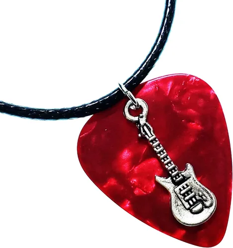 Vista 7 de Collar de púa de guitarra eléctrica y cadena de cordón de cuero vegano