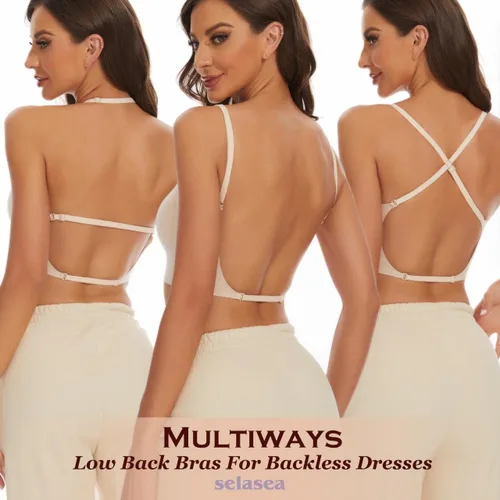 Vista 4 de Brasier de espalda baja para mujer, brasier sin espalda con tirantes convertibles multidirección, sin varillas, sin costuras, con relleno extraíble