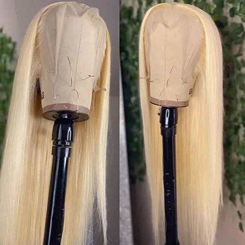 Vista 3 de QD-Tizer Peluca de cabello rubio con encaje frontal, peluca larga y lacia, cabello natural, resistente al calor, fibra sintética, encaje frontal